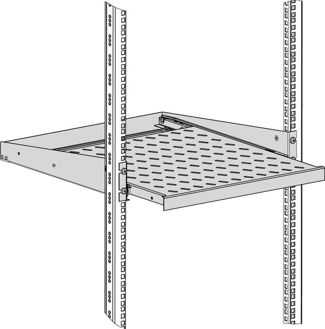 Visar utdragbar 2U rackhylla monterad. F-rack Systems AB