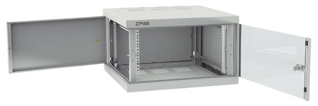 Z-Box väggskåp 6U 600mm djupt med glasdörr och öppningsbara sidor.