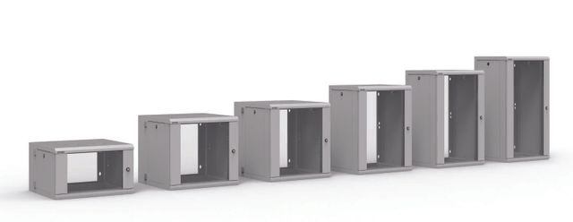 Z-Cube väggskåp i sex olika höjder. 6U, 10U, 12U, 15U, 18U, 21U. Djup 450mm eller 600mm med glas eller plåtdörr. F-rack Systems AB
