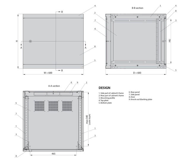 Z-Box 19" väggskåp ritning översikt. F-rack Systems AB