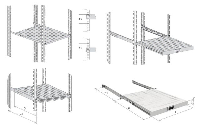 Översikt för rackhyllor monterade. ISU/1U längst ner till vänster. F-rack Systems AB