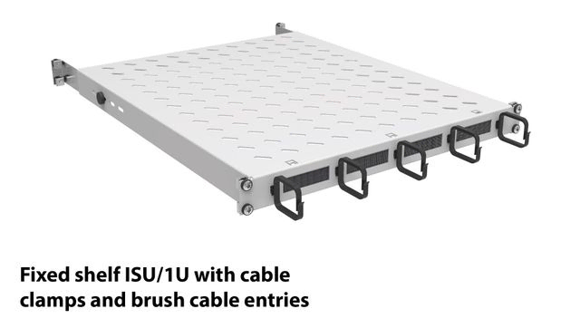 fast 19" rackhylla med kabelöglor och borstlist för kabelrangering i framkant. F-rack Systems AB